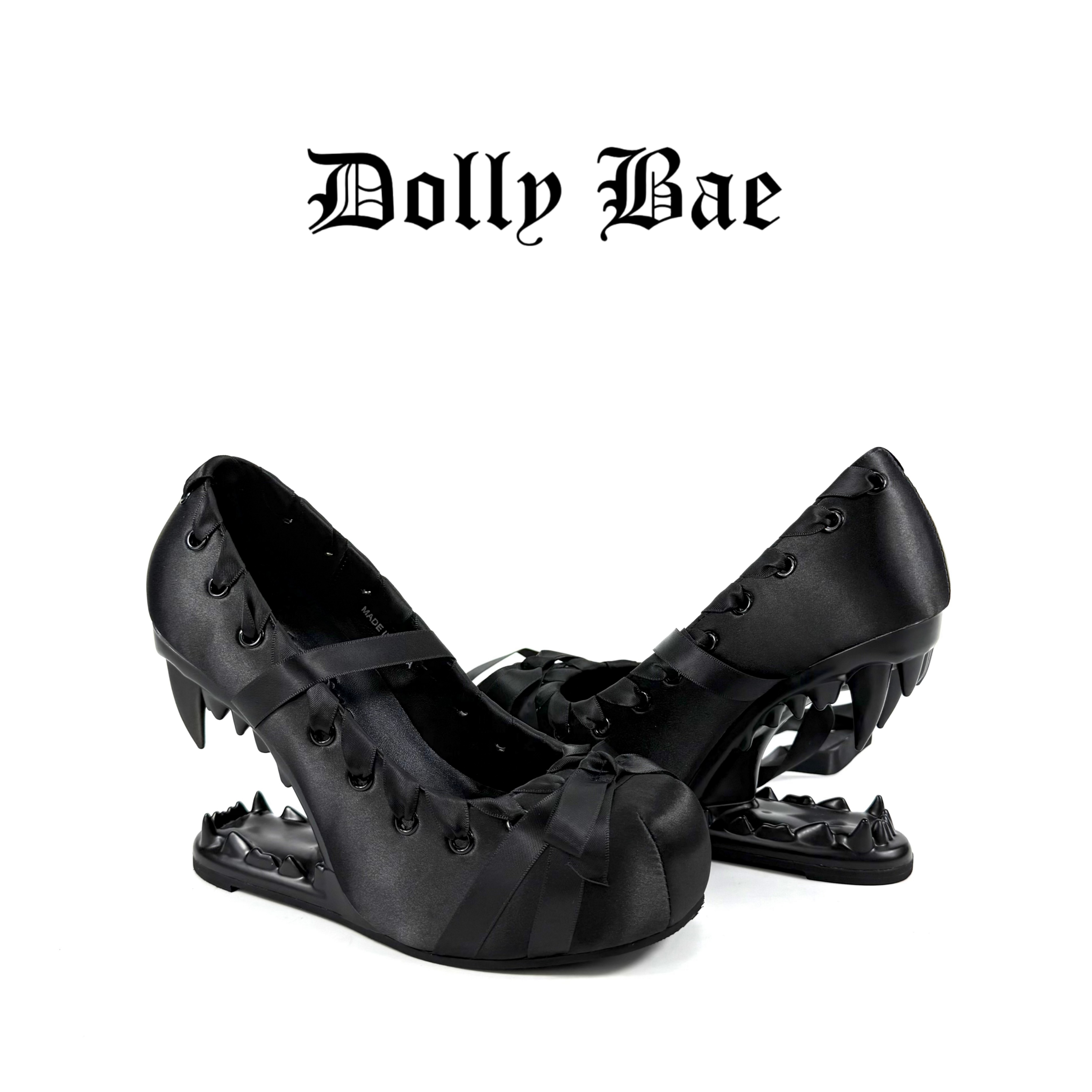 Dollybae Gothic Fang Alien Heel Lolita Shoes, Dark Satin Bow, Suitable for Everyday Wear