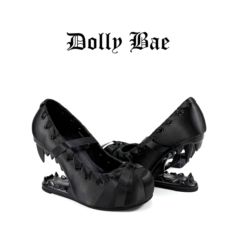 Dollybae Gothic Fang-Shaped Heel Lolita Shoes Dark Satin Lace-Up Niche Bow High Heels