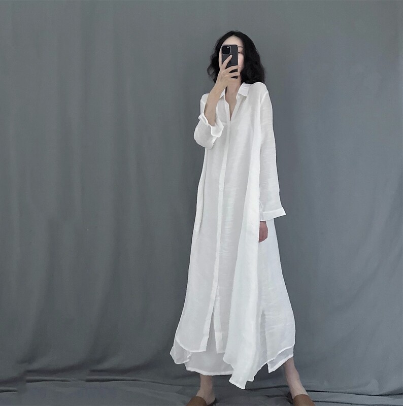 Casual and Artistic Silk and Linen Pure Color Lapel Long-Sleeved Shirt Dress 2026 Spring and Autum New Style Asymmetrical Long Sun Protection Shirt