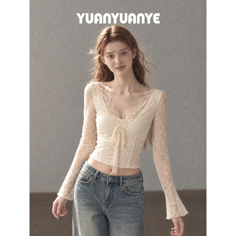 French-Style Gentle V-Neck Lace-Trimmed Long-Sleeve T-Shirt for Women, Autumn Sexy Tie-Waist Hollow-Out Short Top French-Style Gentle V-Neck Lace-Trimmed Long-Sleeve T-Shirt for Women, Autumn Sexy Tie-Waist Hollow-Out Short Top