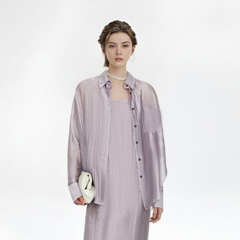 New High-End Light Purple Satin Sun Protection Shirt for Women, Loose and Lazy Style, Slimming and Stylish Outerwear Shirt New High-End Light Purple Satin Sun Protection Shirt for Women, Loose and Lazy Style, Slimming and Stylish Outerwear Shirt