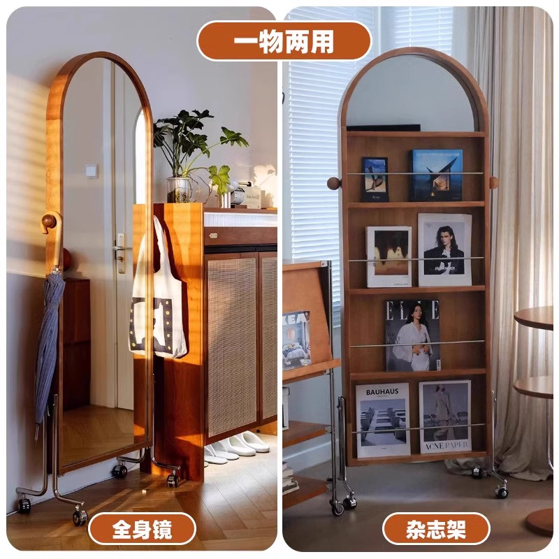 中古穿衣镜+复古杂志架=家居美学新宠!可移动旋转式实木落地全身镜,你家也需要一个!-杂志架镜-淘宝好物网