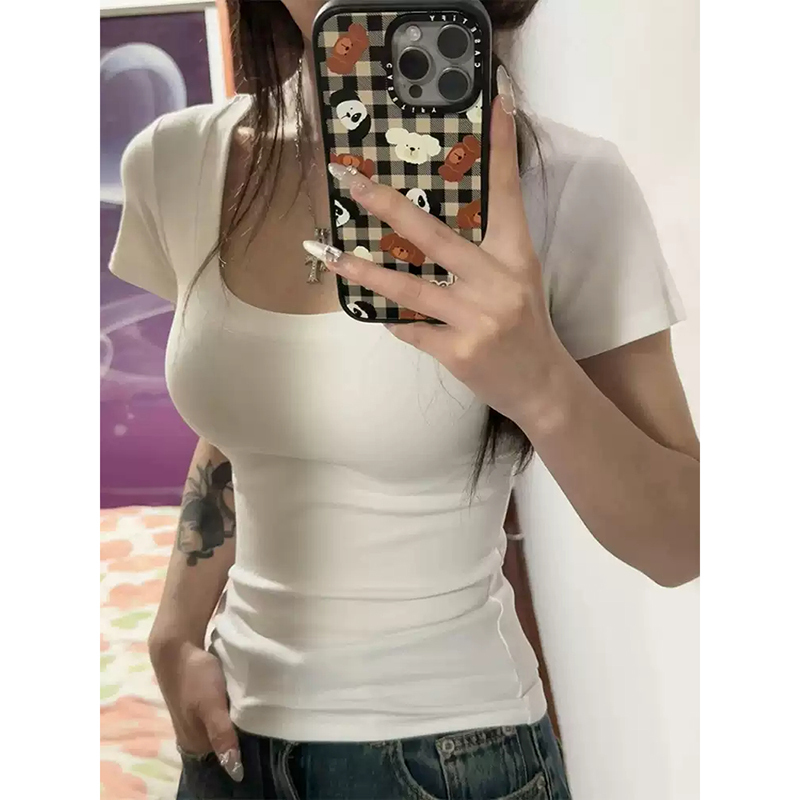 Spicy Girl U-Neck Short-Sleeve T-Shirt for Women, Summer Low-Neck, Large Neckline, Revealing Collarbone, Slim Fit, Tight-Fitting Waist-Cinching Top