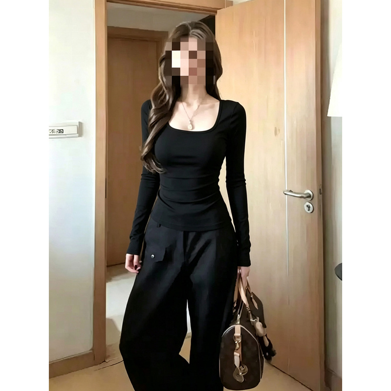 Pure Desire Black Large U-Neck Long-Sleeve T-Shirt for Women, Autumn Outfit, Waist-Cinching, Slim-Fit, Inner Layer Base Shirt, Regular Shoulder Top Pure Desire Black Large U-Neck Long-Sleeve T-Shirt for Women, Autumn Outfit, Waist-Cinching, Slim-Fit, Inner Layer Base Shirt, Regular Shoulder Top