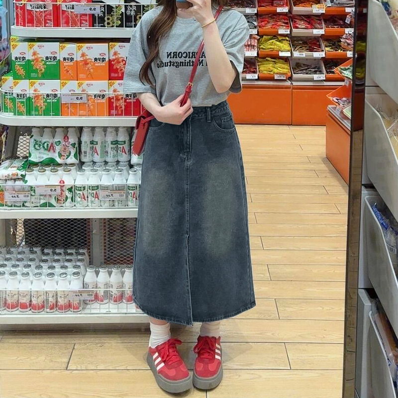Retro Denim Skirt for Women in Autum, Plus Size, Fat Mm, Belly-Covering, Slimming, Pear-Shaped Body, Mid-Length Slit A-Line Skirt