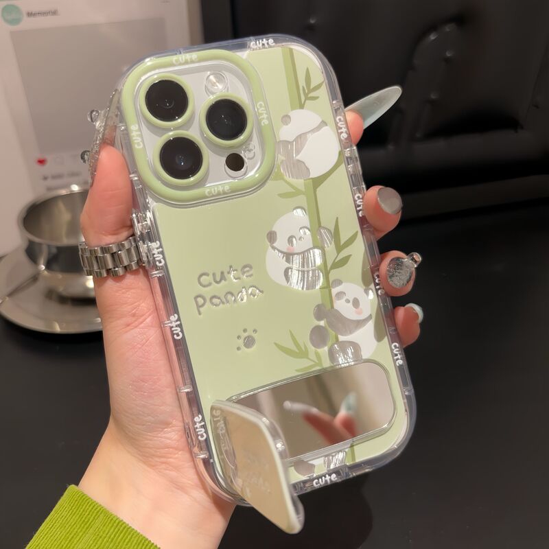 Panda Mirror Stand Suitable for iPhone 16 Pro Max Apple Phone Case 15 Feather Yarn 14 Cute Anti-Drop 13 Female Huawei Mate 70 Honor Vivo Oppo Xiaomi Redmi K70 Anti-Drop Makeup Mirror