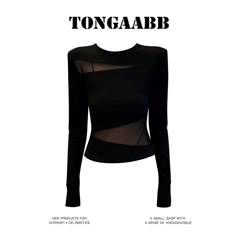 American Hot Girl Style Mesh See-Through Long-Sleeved Black T-Shirt for Women, New Autumn Slim Fit Versatile Casual Top