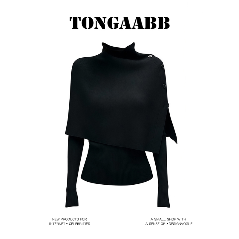 Tongaabb Black Cape Sweater, Two-Piece Commuter Style, Dark Style, High-Neck Cape Design, Stylish Sweater