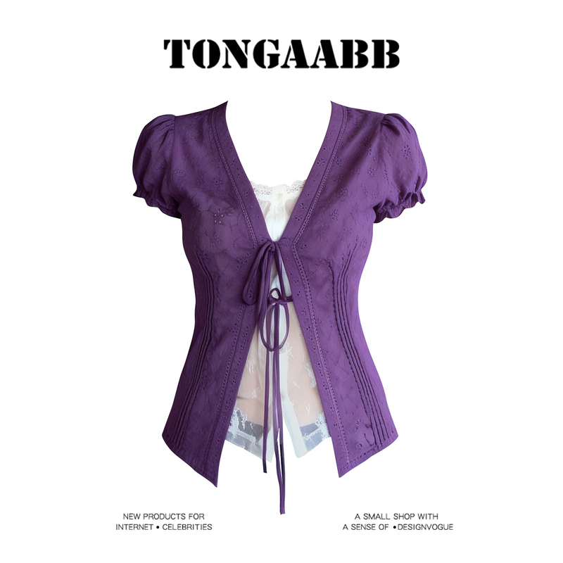 Pure Desire Hot Girl Purple Puff Sleeve Lace-Up Top Summer New Korean Style Slimming Versatile T-Shirt Trendy Pure Desire Hot Girl Purple Puff Sleeve Lace-Up Top Summer New Korean Style Slimming Versatile T-Shirt Trendy