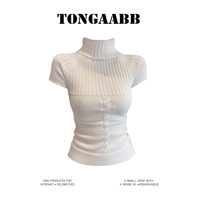Tongaabb Korean Design Twist Pattern Turtleneck Short-Sleeved Sweater for Women Spring and Summer New Slim Fit Inner Layer Top