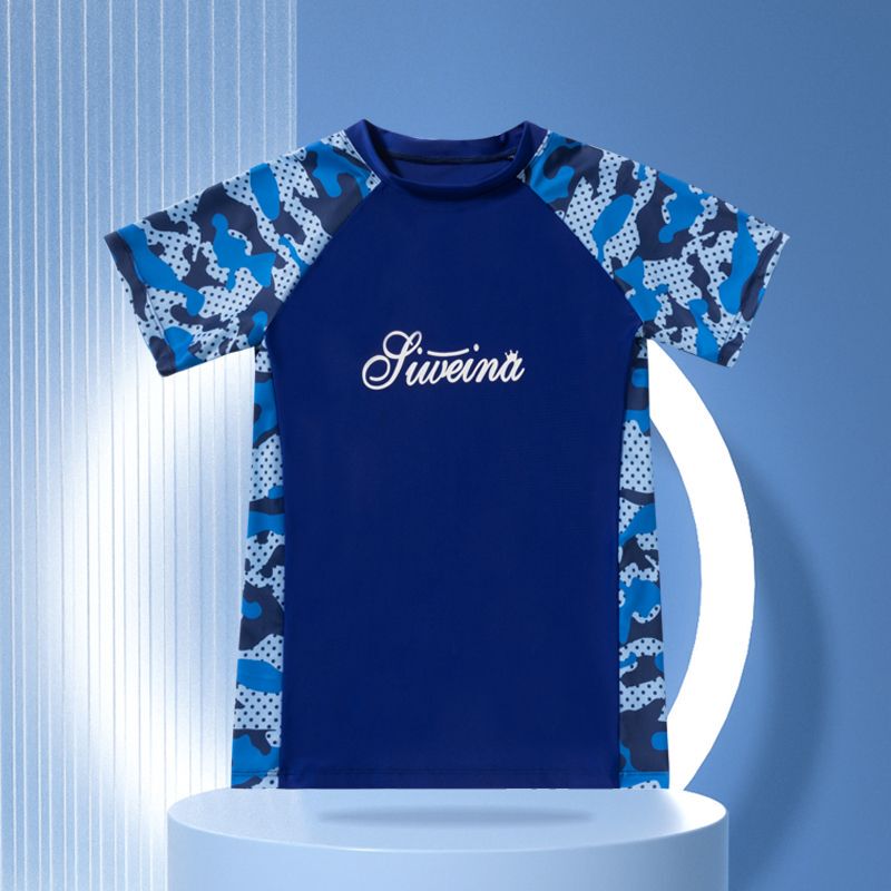 Boys' Swimwear Tops, Kidsren's Medium and Large Kidsren's Cute Sun Protection Short-Sleeved Student Cartoon Dinosaur Surfing Swimwear
