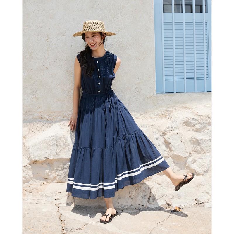 Sullenger French Navy Blue Dress Summer Round Neck Waist-Cinching Tank Dress A-Line Sleeveless Long Dress