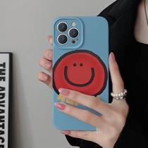 Korean trendy brand suitable for Apple 14proMax simple ins style mobile phone case hard 15plus oil painting blue background red smiley face 11Pro film case anti-fall all-inclusive iPhone13