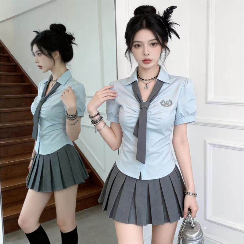 Foot Bath Technician Work Clothes, Age-Reducing, Belly-Covering, Spa Cinema Foot Massage Work Clothes, Pleated Blue Top and Short Skirt Two-Piece Set