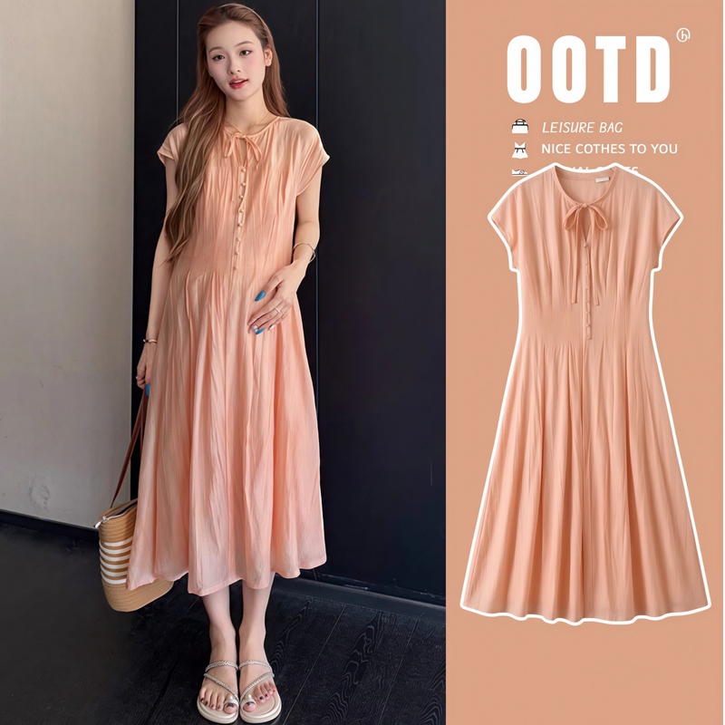 Maternity Wear'Peach Sweet Evening Breeze' French Sweet Style Textured Maternity Dress for Women, Stylish Summer Pregnancy Dress