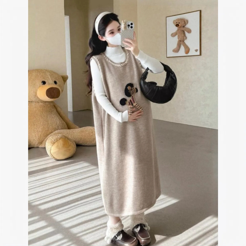 Maternity Wear Korean Style Age-Reducing Vest Dress for Pregnant Women, Half-High Collar Base Sweater, Autumn and Winter Maternity Two-Piece Set