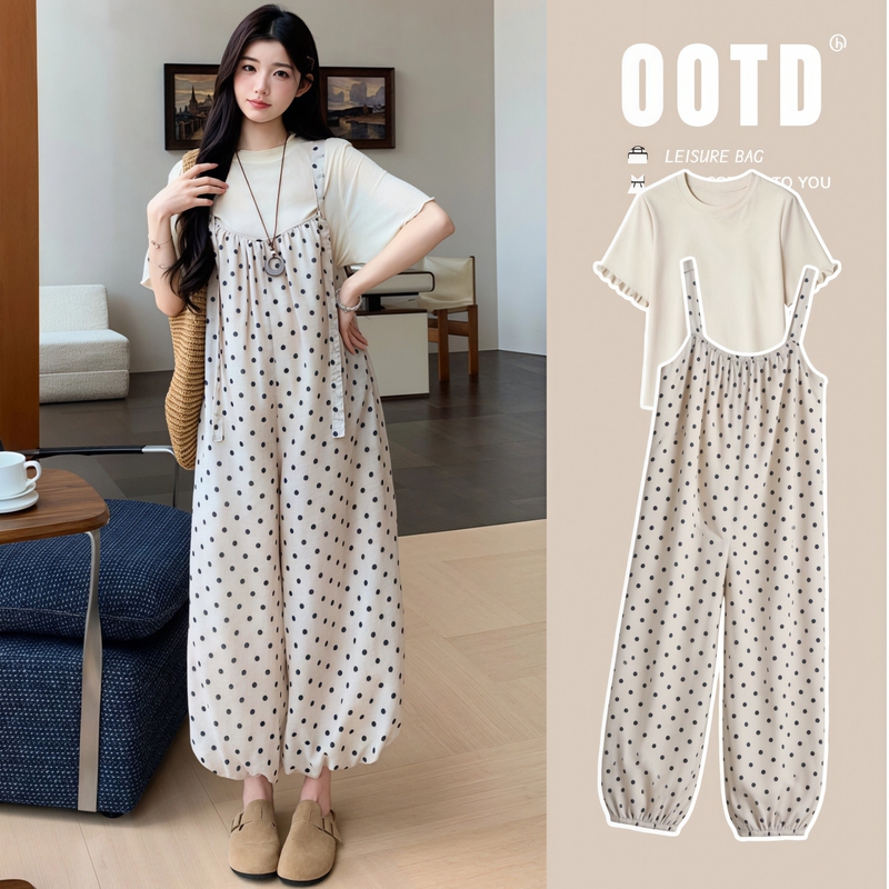 Maternity Wear "Old Alley Glow" Maternity Outfit Set for Women, Summer Korean Style High-End Polka Dot Overalls Two-Piece Set