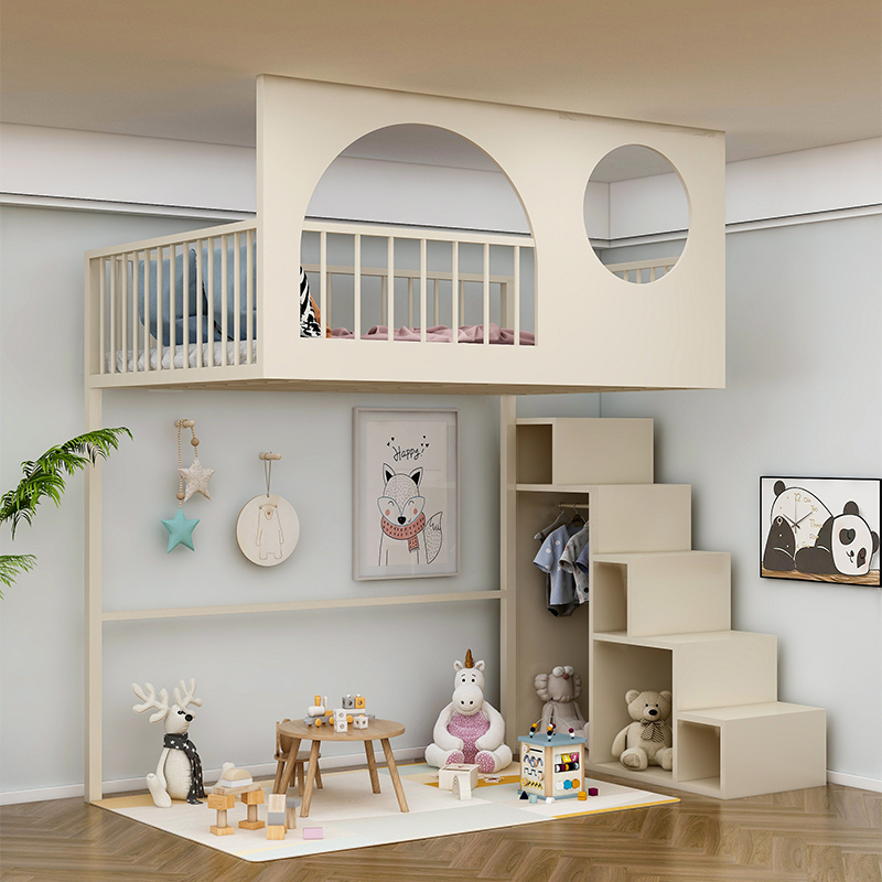 Loft Elevated Bed with Desk Below, Suitable for Small Apartments, Single High-Lying Bed with Space Below, Loft Suspended Bed