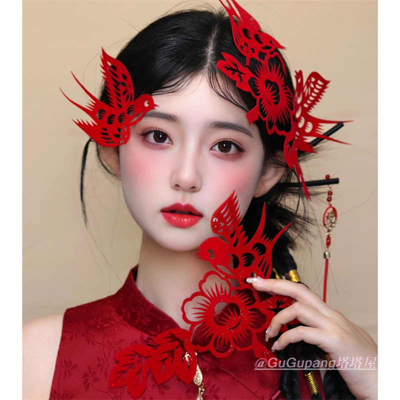 New Chinese-Style Red Magpie Flower Paper-Cut Hair Accessory for Women, Retro Festive Wedding Toast Dress Headpiece for New Year