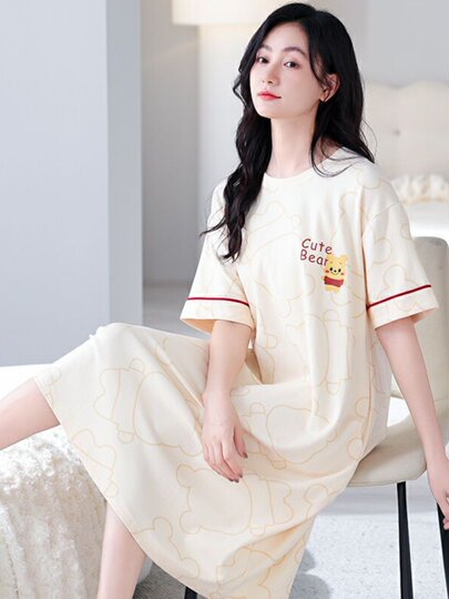 2025浪莎睡裙女夏季纯棉短袖甜美中长款宽松卡通网红连衣裙家居服