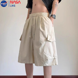 Nasa Casual Work Shorts for Men, Summer Thin Pure Cotton Loose Five-Point Pants, American Style Trendy Brand Large Pocket Mid-Length Pants