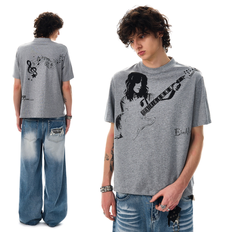 Oevb Original American Guitarist Print Short-Sleeve T-Shirt for Men and Women, Summer Loose Fit Couple Boxy Style Top