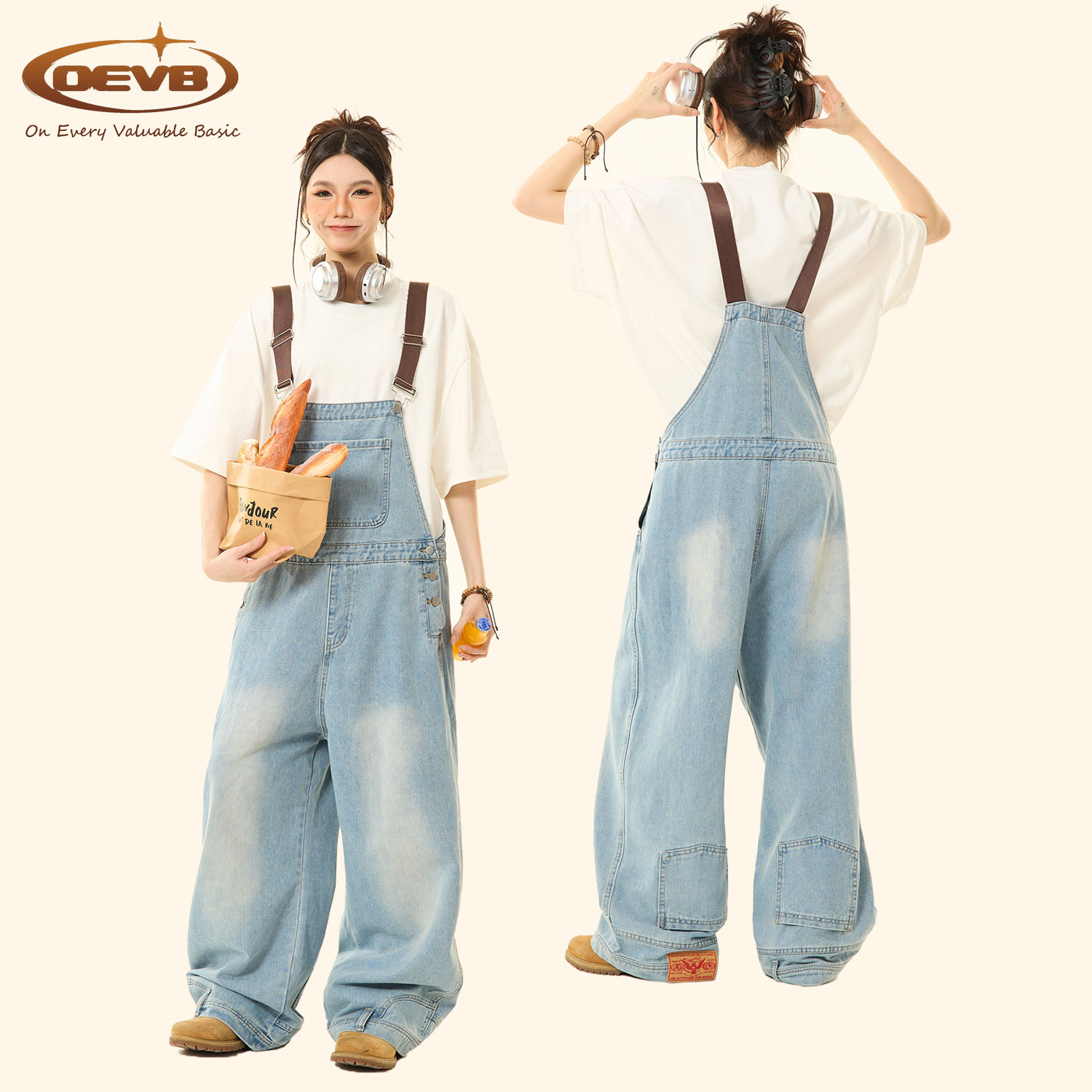 OEVB アメリカンレトロニッチアイスブルー反転デニムオーバーオールメンズとレディースハイストリートルーズワイドレッグジャンプスーツパンツ
