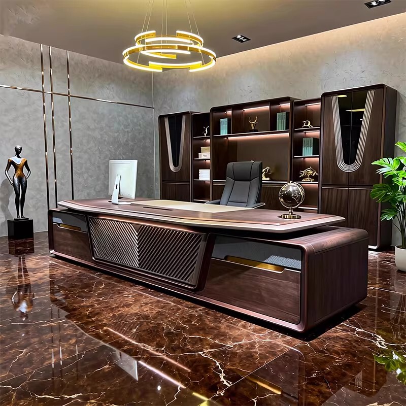 New Chinese-Style Executive Desk, President's Desk, Large Executive Desk, Black Walnut Solid Wood, Light Luxury, High-End General Manager's and Chairman's Office Desk
