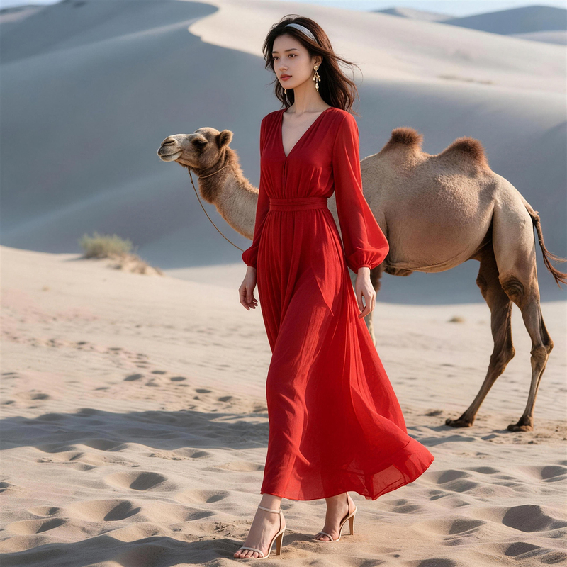 French-Style Red Chiffon Dress for Women, Long-Sleeved, V-Neck, Waist-Cinching, Slimming, Sanya Vacation Style, Beach Long Dress with a High-End Feel French-Style Red Chiffon Dress for Women, Long-Sleeved, V-Neck, Waist-Cinching, Slimming, Sanya Vacation Style, Beach Long Dress with a High-End Feel