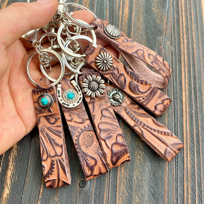 European and American Western Retro Genuine Leather Keychain Turquoise Cowhide Pendant Cross-Border Amazon Hot-Selling Accessories Manufacturer Supply