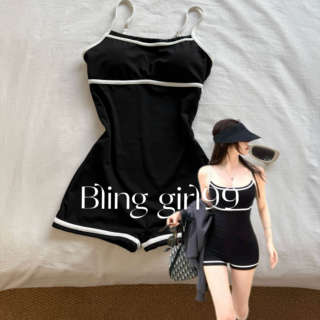 【露思同款】黑色吊带显瘦遮肉度假风温泉泳衣女修身保守显瘦