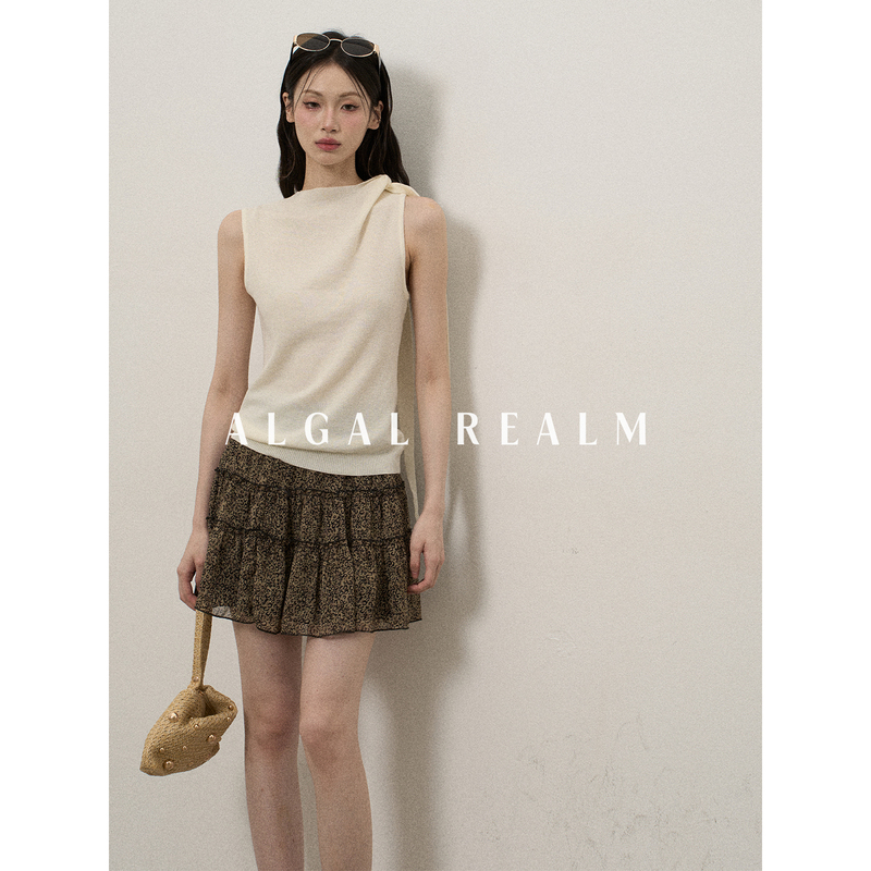 【Algal Realm Snow Algae Collection】Vintage Casual Half-Turtleneck Ribbon Vest Women's Summer Slim Knit Top