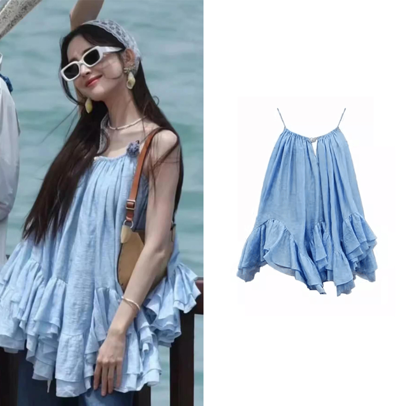 Gulina Za's Same Style Blue Ruffled Asymmetrical Tie-Up Camisole Shirt for Women, New Summer French Off-Shoulder Top