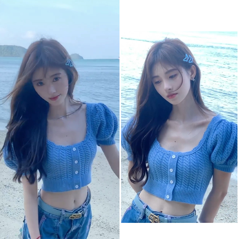 Ji Jingyi Celebrity Style Blue French Square-Neck Short-Sleeved Knit Top with Puff Sleeves, Short Top for Women, New Summer Style