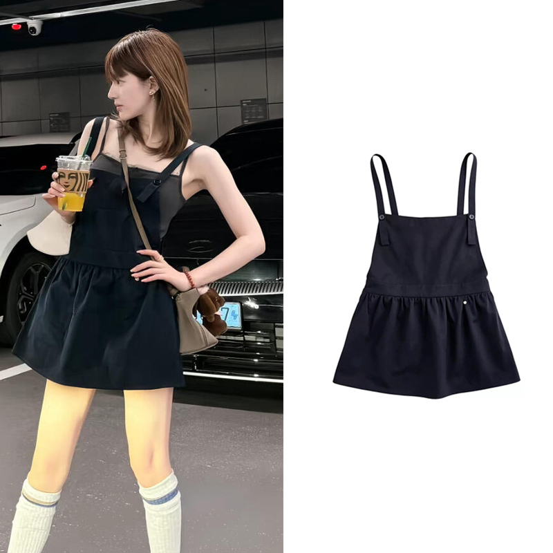 Zhao Lusi's Same Style College-Style Navy Blue Sweet Age-Reducing Casual Loose A-Line Strapless Sleeveless Dress for Women in Summer
