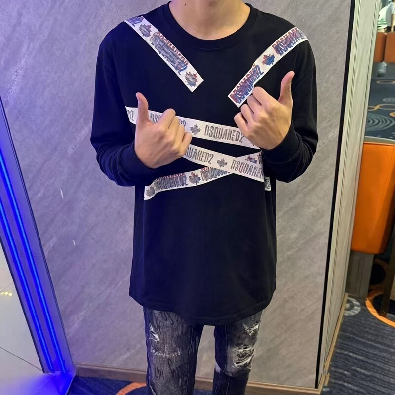 Guangzhou Trendy Brand D2 Webbing Strap Long-Sleeve T-Shirt for Men and Women, High-Quality Versatile Round-Neck Light Luxury Fashion