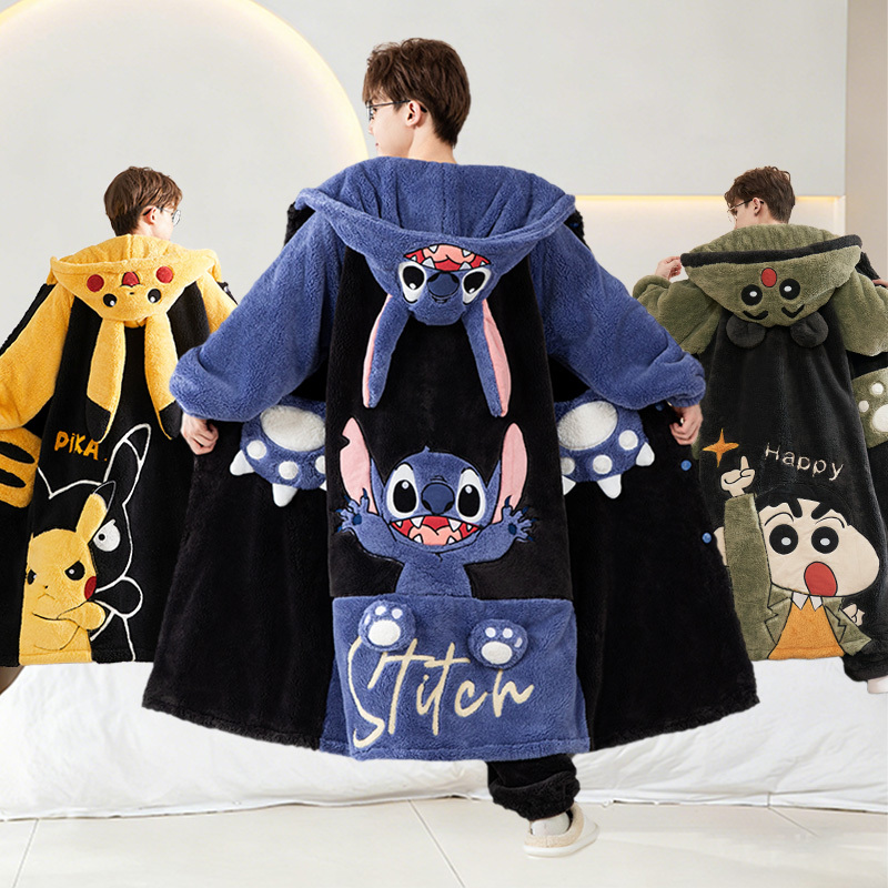 Men's Cartoon Pajamas 2025 Winter Style, Fleece-Lined and Thickened Coral Fleece Hooded Robe-Style Loungewear Set, Suitable for Wearing Outside