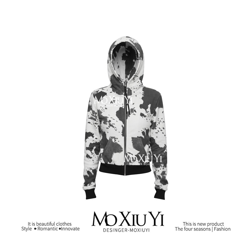 Moxiuyi S【In Stock】Cow Print Hooded Sweatshirt for Women, Autumn Printed Loose Slimming Cardigan Zipper Jacket Moxiuyi S【In Stock】Cow Print Hooded Sweatshirt for Women, Autumn Printed Loose Slimming Cardigan Zipper Jacket