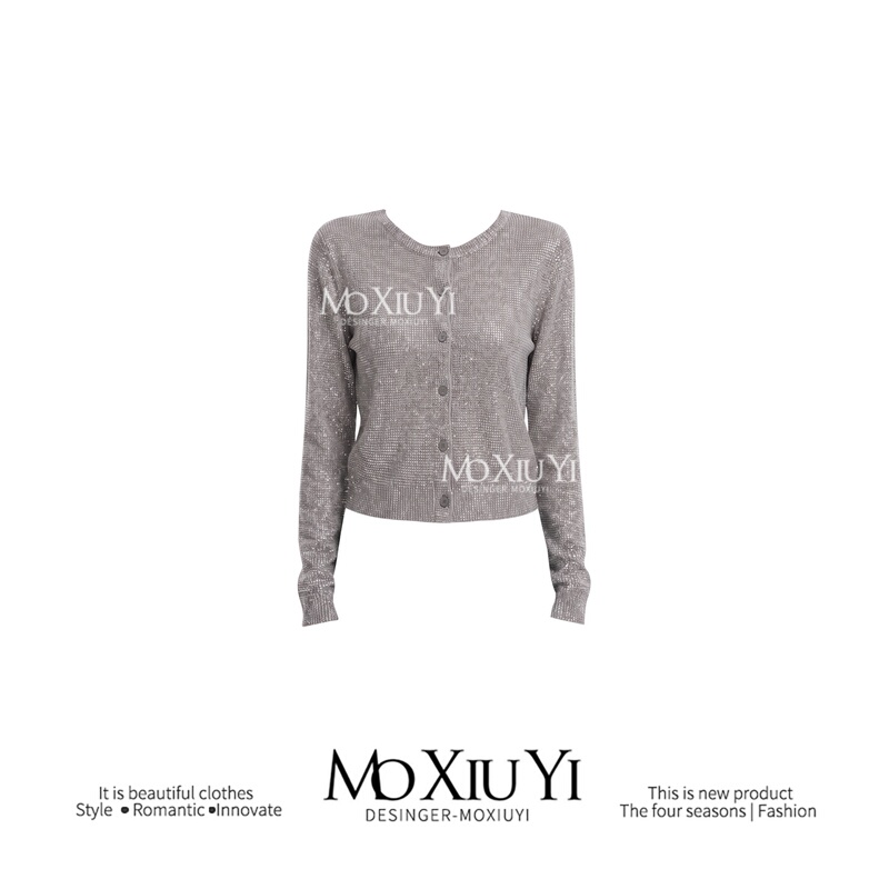 Moxiuy Light Luxury Rhinestone Knitted Cardigan for Women, Autumn Outfit, Concert Vibe, High-End Long-Sleeve Top Sweater