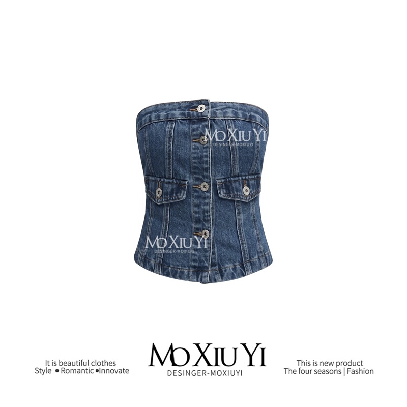 Mo【In Stock】Cool and Spicy Summer/Hot Girl Denim Tube Top Women's Single-Breasted Slim-Fit Outerwear Short Top Mo【In Stock】Cool and Spicy Summer/Hot Girl Denim Tube Top Women's Single-Breasted Slim-Fit Outerwear Short Top