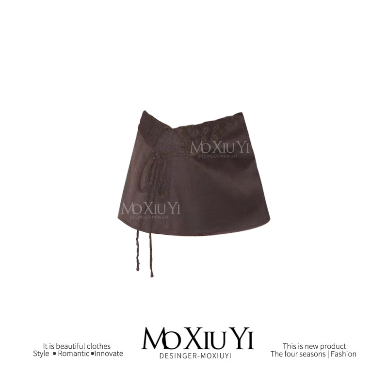 MoXi [In Stock] Patchwork Layered Yarn Blend Low-Saturation Gravel Brown Low-Waisted Short Suit Mini Skirt Pants with Thin Belt