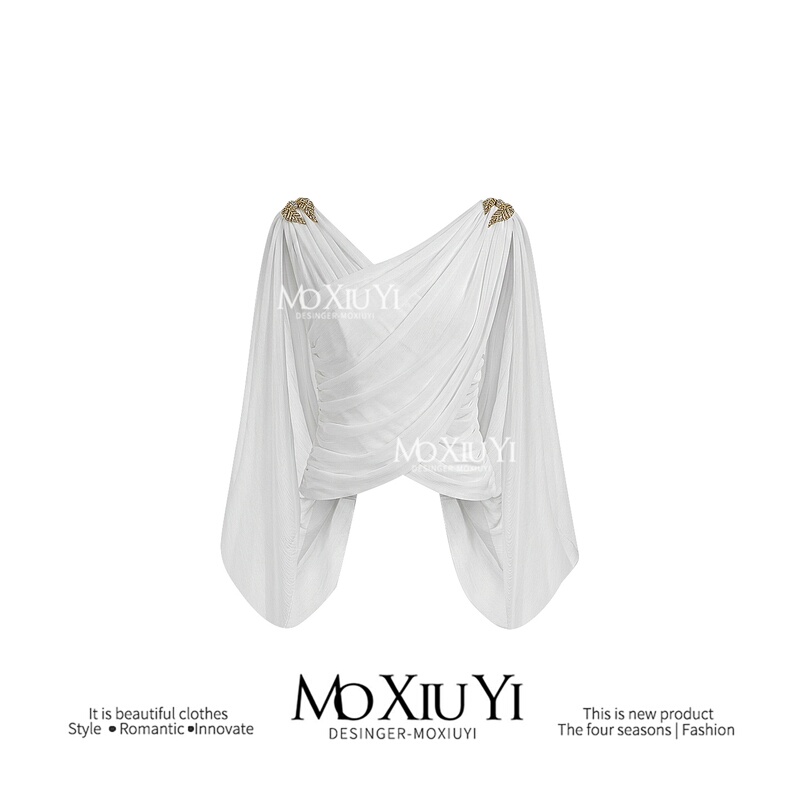 Moxiuyi S【In Stock】 "White Wings" White Greek-Style Draped Ruched Cross-Over Metallic Tank Top Moxiuyi S【In Stock】 "White Wings" White Greek-Style Draped Ruched Cross-Over Metallic Tank Top