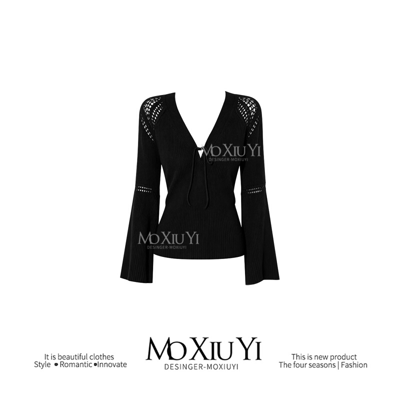 Moxiuyi French-Style Black V-Neck Slim-Fit Knit Sweater for Women, 2026 Autumn Collection, Exquisite High-Class Thin Sweater Top Moxiuyi French-Style Black V-Neck Slim-Fit Knit Sweater for Women, 2026 Autumn Collection, Exquisite High-Class Thin Sweater Top