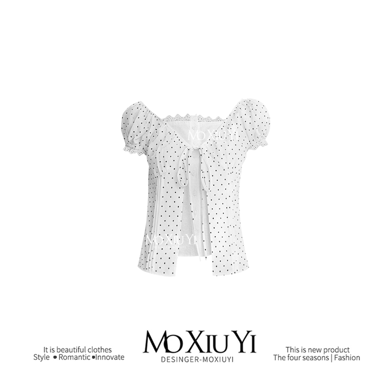 Moxiuyi Studio 2026 Summer Lace Collar Tie Polka Dot Fake Two-Piece Top Women's Clothing Moxiuyi Studio 2026 Summer Lace Collar Tie Polka Dot Fake Two-Piece Top Women's Clothing