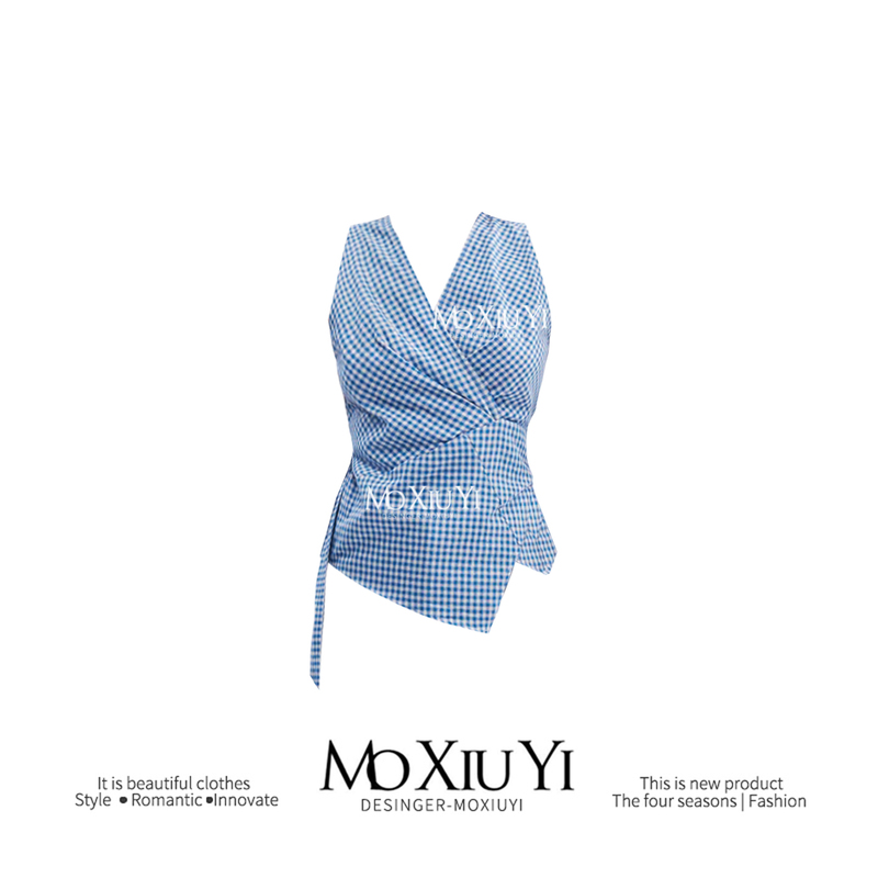 Moxiuyi 【In Stock】French Country Style Waist-Cinching Plaid Sleeveless Top for Women, New Design Vest with Unique Style Moxiuyi 【In Stock】French Country Style Waist-Cinching Plaid Sleeveless Top for Women, New Design Vest with Unique Style