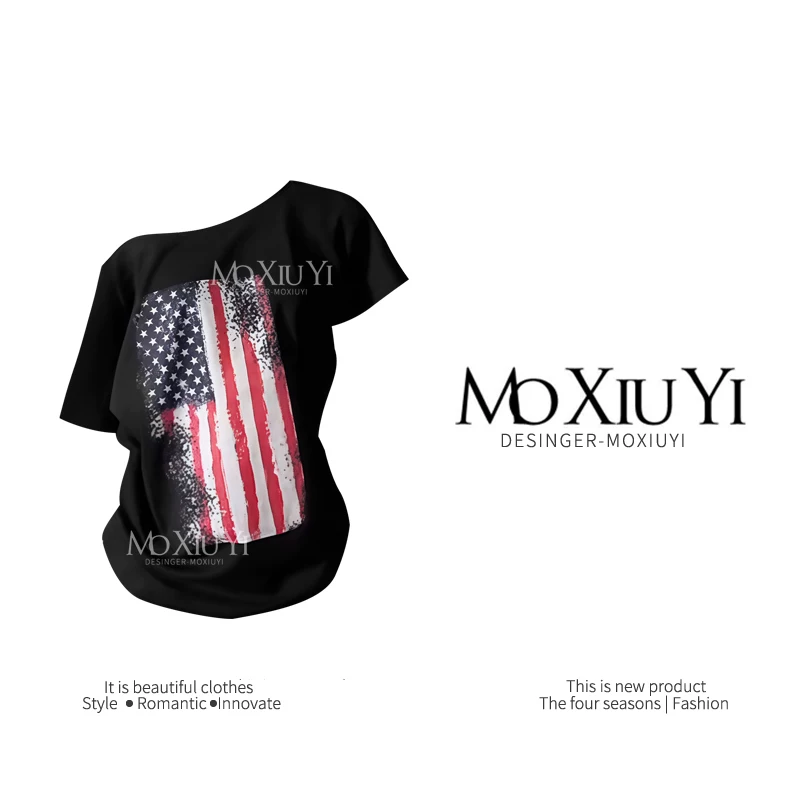 MoXiuYi [Spot] Американская горячая девушка флаг напечатанный свободный наклонный плечо короткий рукав футболка универсальный ленивый стиль повседневный
