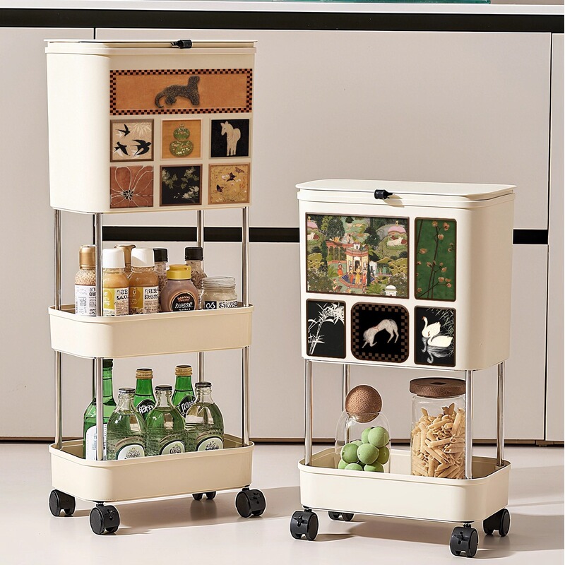 Vintage-Style Kitchen Trash Can, Large-Capacity Household Movable Multi-Layer Floor-Standing Storage Rack, Drainage Rack Vintage-Style Kitchen Trash Can, Large-Capacity Household Movable Multi-Layer Floor-Standing Storage Rack, Drainage Rack