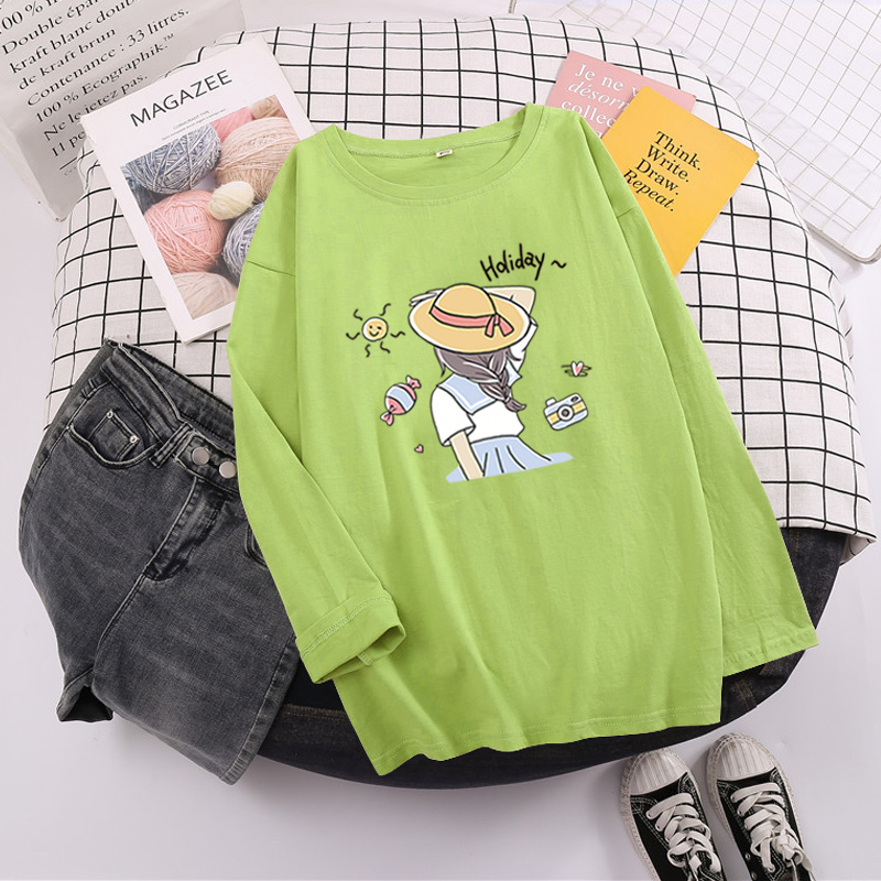 Early Autumn New Brushed Long-Sleeve T-Shirt for Women, Korean Style Loose Fit, Plus Size, Slimming Base Shirt, Niche Green Autumn Top t