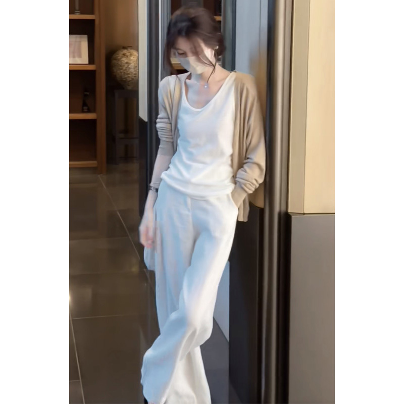Lazy Style Knitted Cardigan, Camisole, and Casual Pants Set for Women, Spring and Summer, High-End Old Money Style, Casual Versatile Three-Piece Set