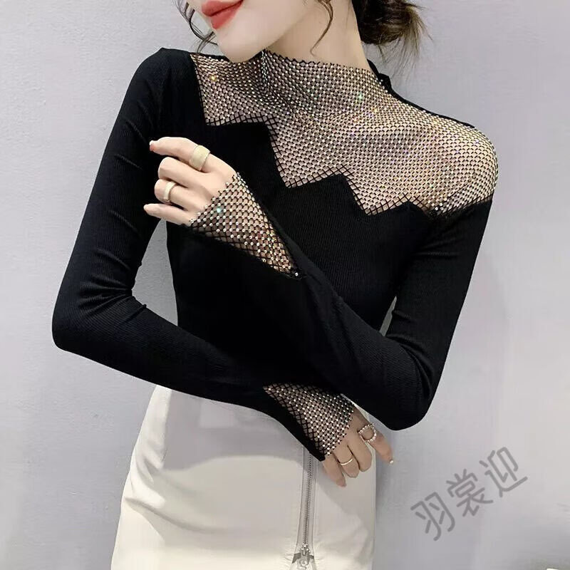 Black Thickened Garnter Undershirt Woman New Autumn And Winter Workout Wear-shirt Bright Crystal Clothes Women Custom Joint-Taobao